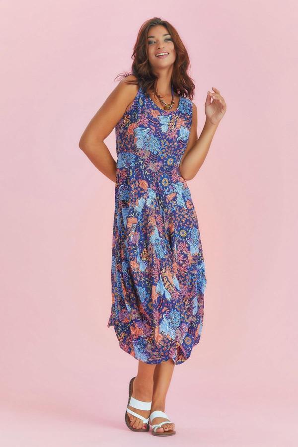 Los Banditos Mavi Desenli Kayık Yaka Asimetrik Kesim Elbise - Image 1