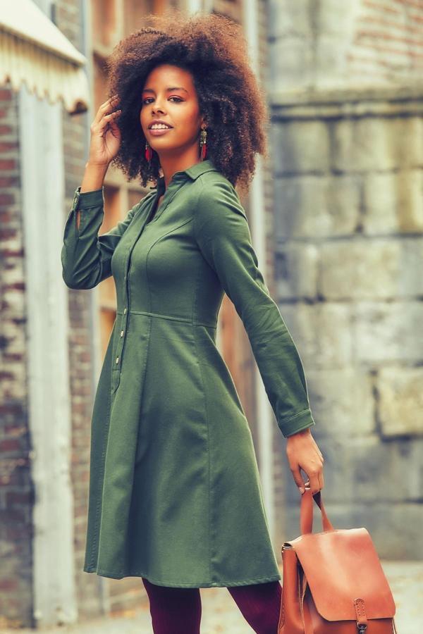 Los Banditos Kayık Yaka Büzgü Detaylı Uzun Kollu Günlük Elbise - Image 1