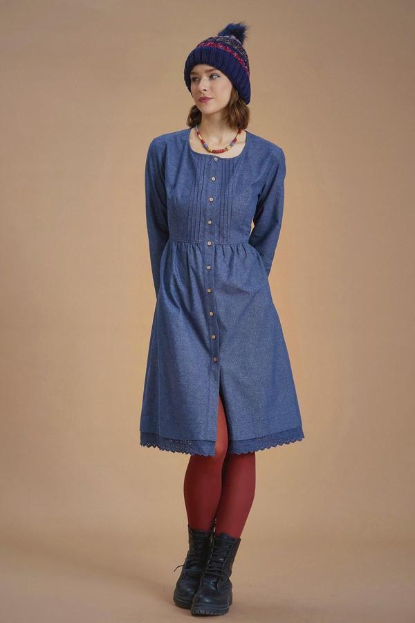 Los Banditos Nervürlü Yaka Dantelli Uzun Kollu Lacivert Elbise - Image 1