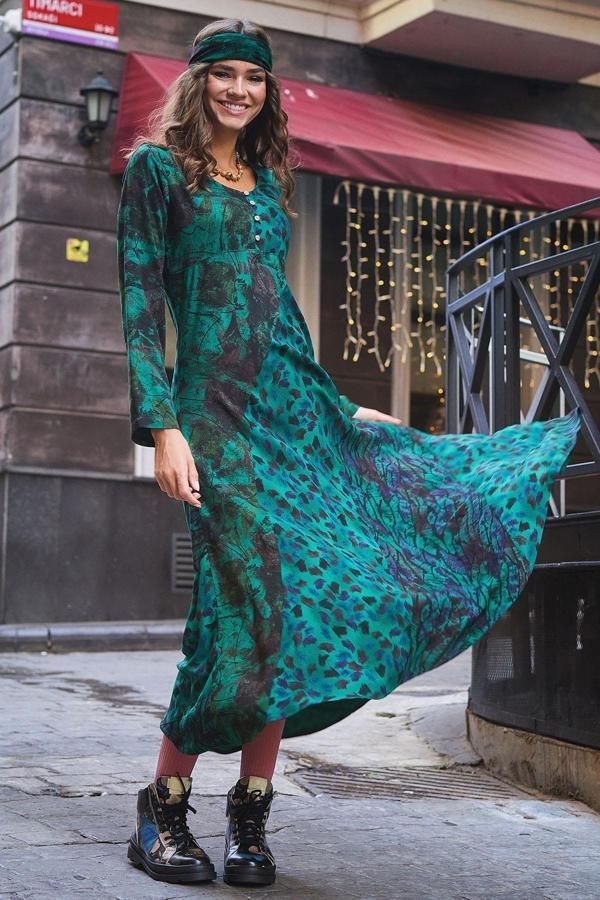 Los Banditos Bohem Tarz Etnik Desenli U Yaka Patch Uzun Kışlık Elbise - Image 1