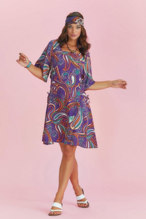 Los Banditos Yandan Bağlamalı Kare Yaka Mor Desenli Elbise - Image 1