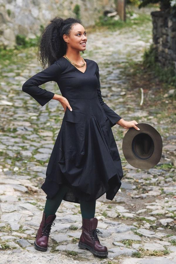Los Banditos Asimetrik V Yaka Beli Bağlamalı Uzun Kollu Elbise - Image 1