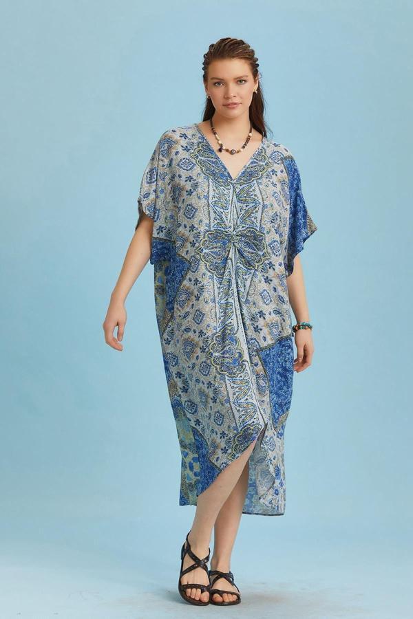 Los Banditos V Yaka Önü Düğümlü Mavi Yarasa Kol Elbise - Image 1