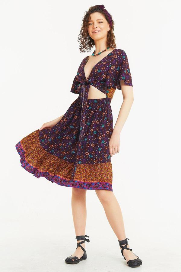 Los Banditos Cut Out Detaylı Volanlı Desenli Yarım Kol Bohem Elbise - Image 1