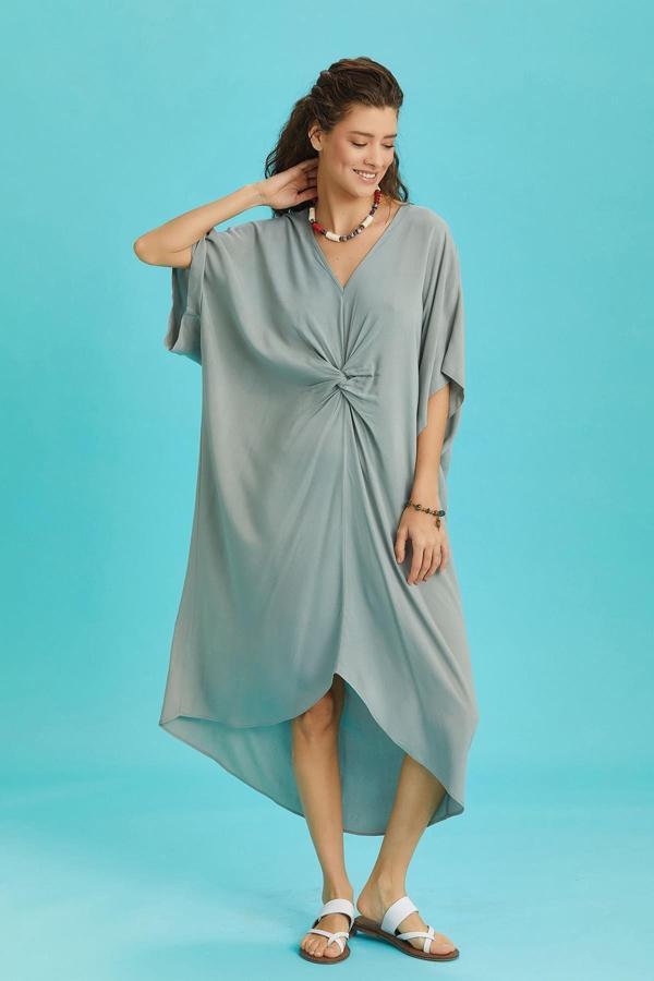 Los Banditos V Yaka Önü Düğümlü Yeşil Yarasa Kol Elbise - Image 1