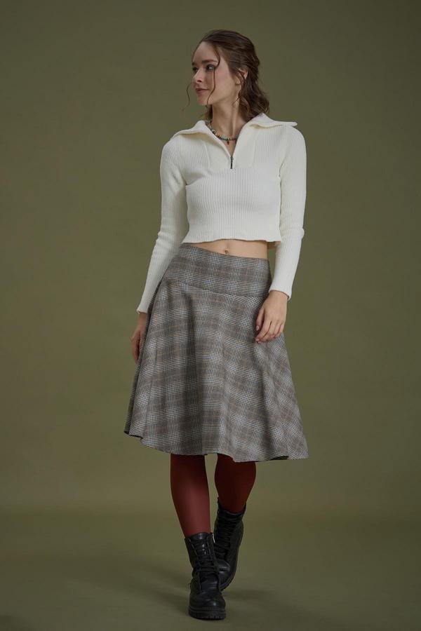 Los Banditos Bohem Tarz Kahve Gri Kareli Kloş Etek - Image 1