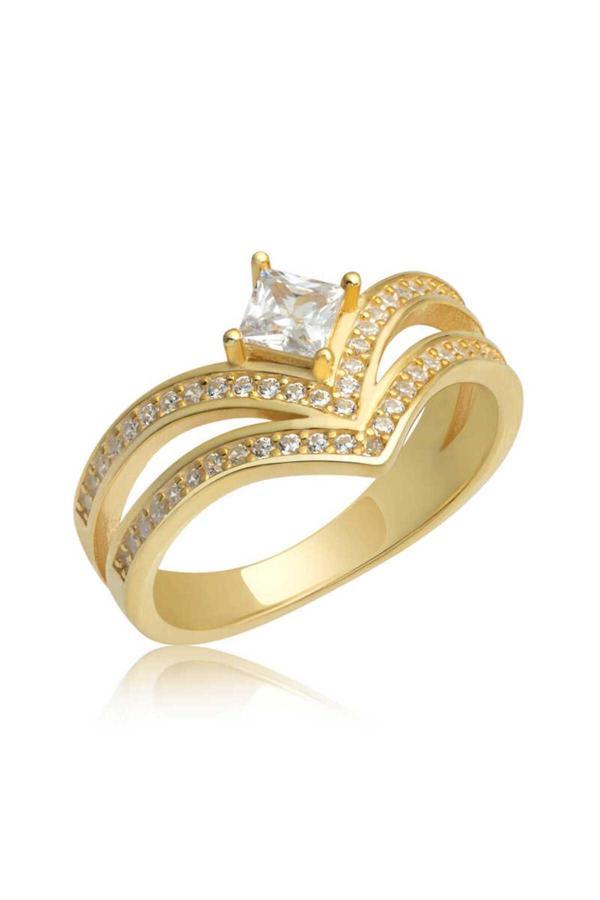 Armagano Gümüş Gold Tek Taş Kadın Yüzük - Image 1