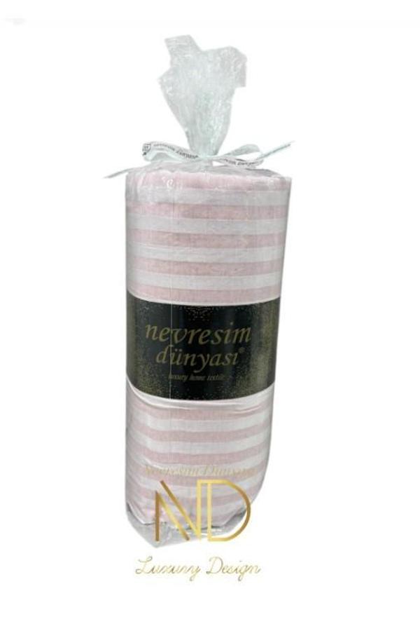 Nevresim Dünyası Çizgili Çift Kişilik Fitted Micro Saten Çarşaf ve 2 Yastık Kılıfı Pembe - Image 1
