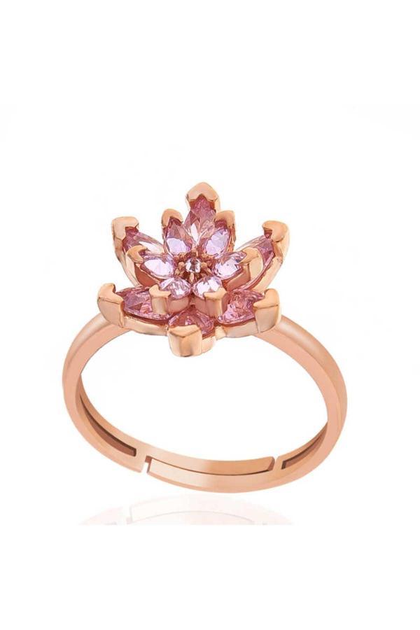 Armagano Gümüş Rose Pembe Taşlı Lotus Çiçeği Kadın Yüzük - Image 1