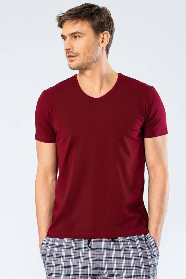 Cacharel Erkek V Yaka Likralı T-shirt Bordo - Image 1