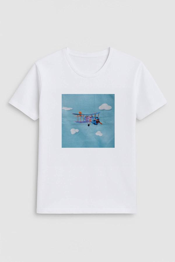 Kadın Bisiklet Yaka %100 Pamuk Helikopter Baskılı Kısa Kollu T-Shirt - Image 1