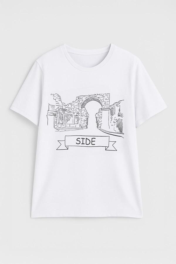Kadın Bisiklet Yaka %100 Pamuk Side Baskılı Kısa Kollu T-Shirt - Image 1