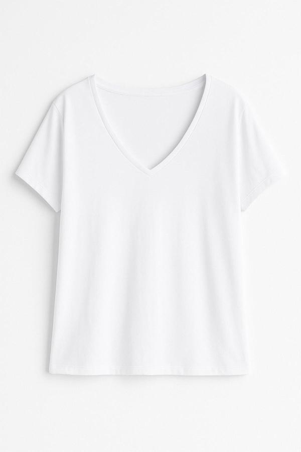 Kadın V Yaka Kısa Kollu Düz T-Shirt - Image 1