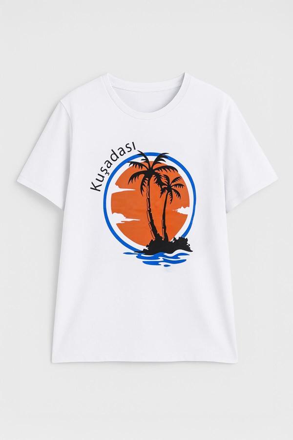 Kadın Bisiklet Yaka %100 Pamuk Turuncu Kuşadası Baskılı Kısa Kollu T-Shirt - Image 1