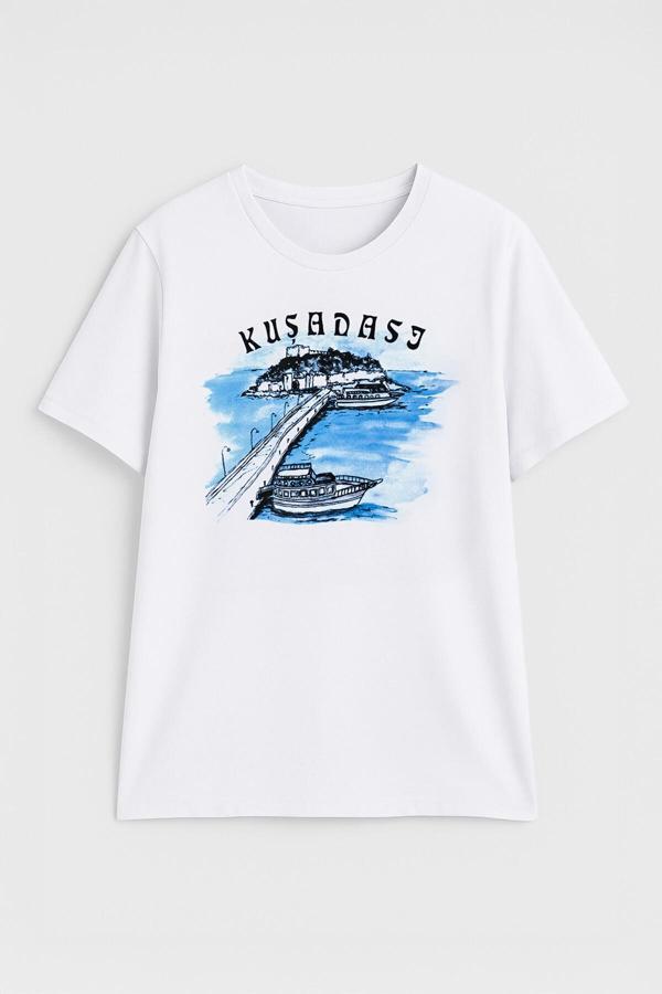 Kadın Bisiklet Yaka %100 Pamuk Mavi Kuşadası Baskılı Kısa Kollu T-Shirt - Image 1