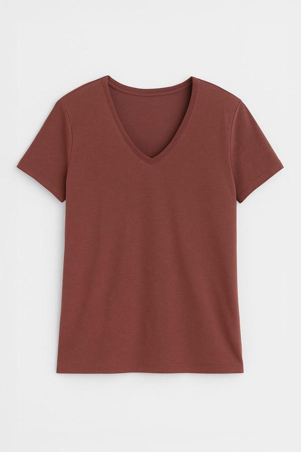 Kadın V Yaka Kısa Kollu Düz T-Shirt - Image 1