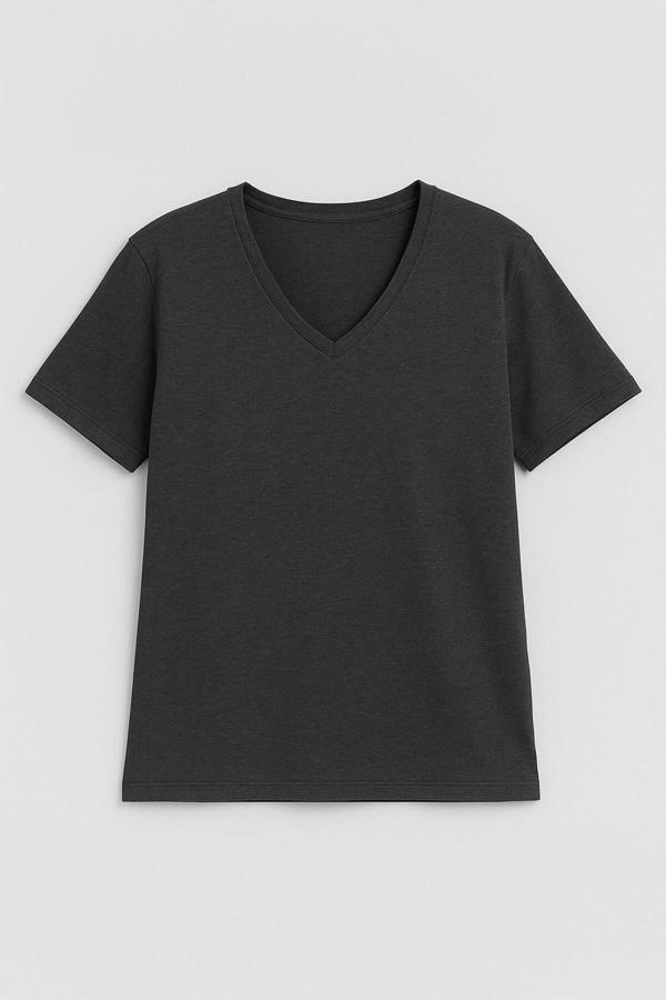 Kadın V Yaka Kısa Kollu Düz T-Shirt - Image 1