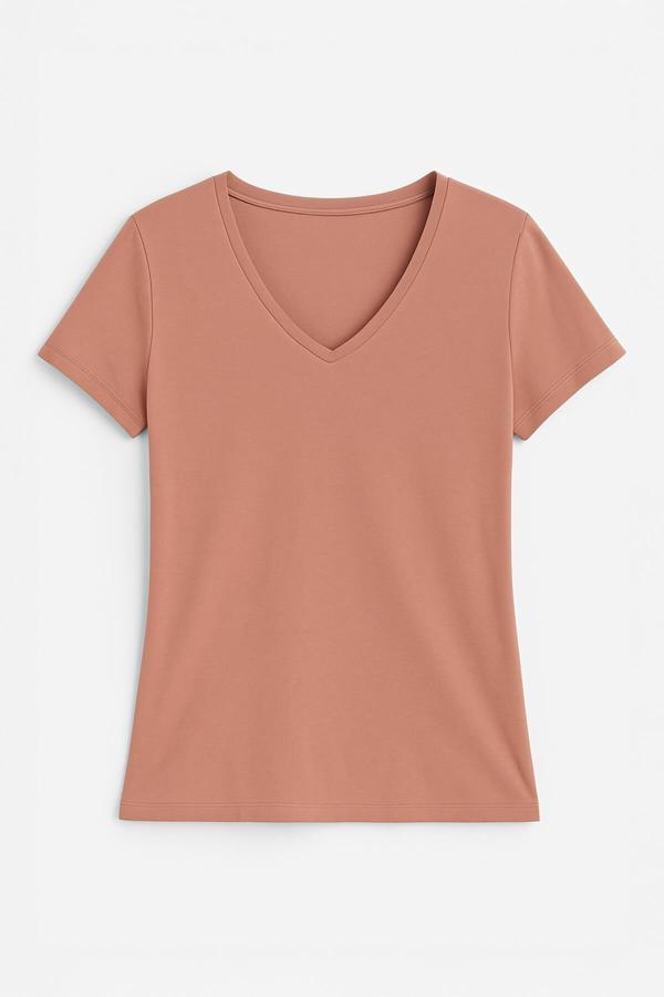 Kadın V Yaka Kısa Kollu Düz T-Shirt - Image 1