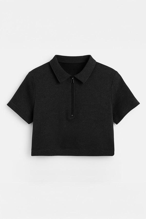 Kadın Polo Yaka Fermuarlı Crop T-Shirt - Image 1