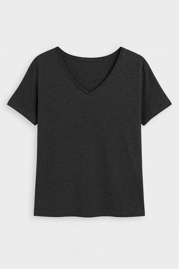 Kadın V Yaka Kısa Kollu İnce Esnek T-Shirt - Image 1