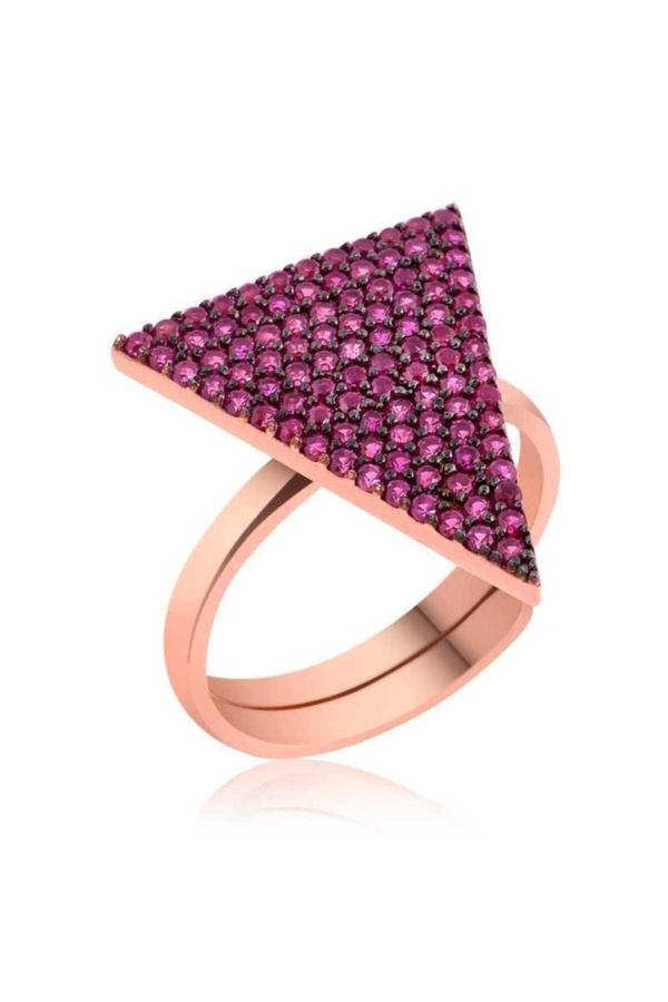 Armagano Gümüş Rose Pembe Üçgen  Yüzük 925 Ayar - Image 1
