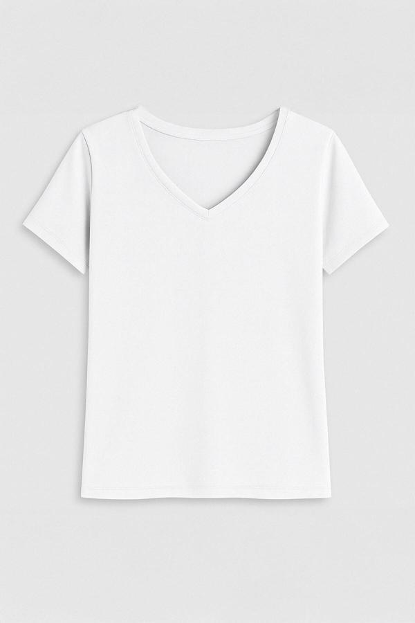 Kadın V Yaka Kısa Kollu İnce Esnek T-Shirt - Image 1