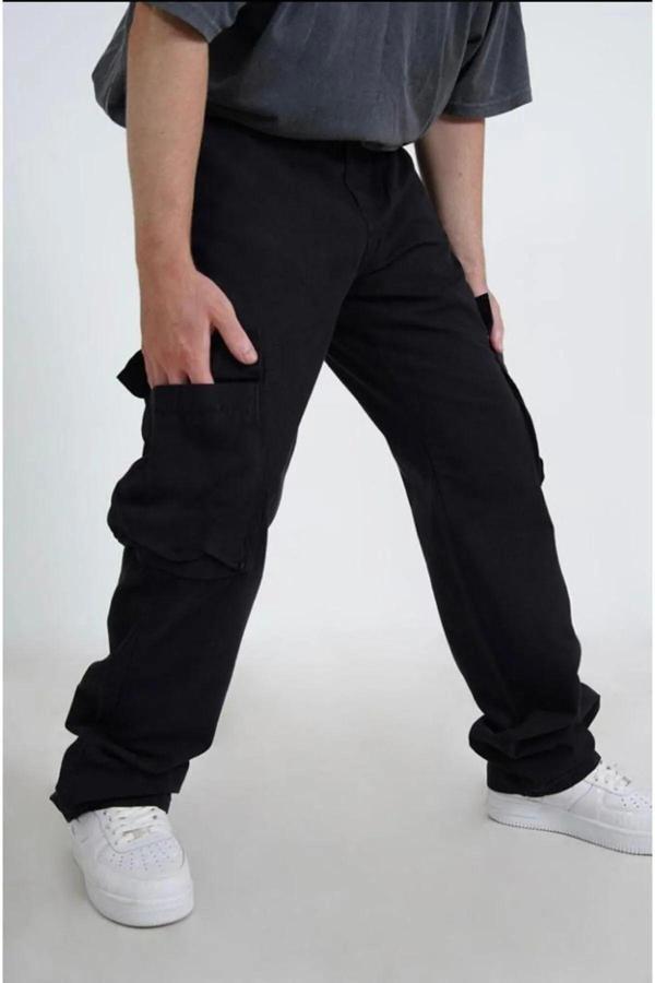 Kargo Baggy Siyah Renk Likralı Kumaş Yan Cepli Pantolon - Image 1