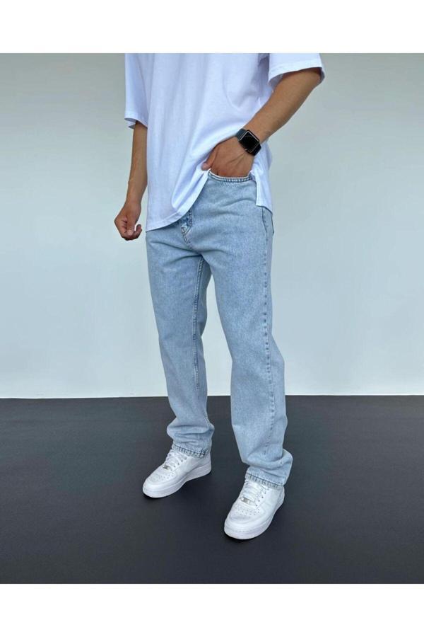 YIKAMALI KUMAŞ BUZ MAVİ BAGGY JEAN PANTOLON - Image 1