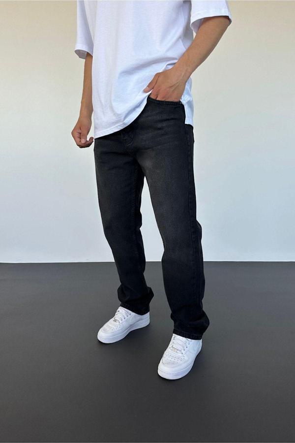 Baggy Siyah Taşlamalı Bol Kalıp Kot Pantolon - Image 1