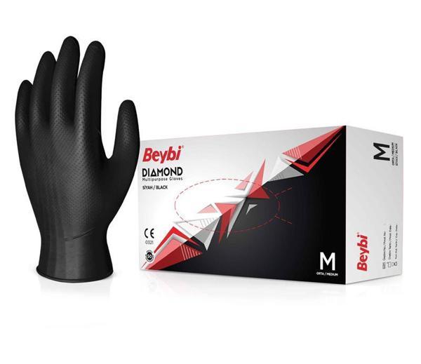 Beybi Diamond M Beden Pudrasız Kalın Siyah Nitril Eldiven Medium (100 LÜ Paket) - Image 1