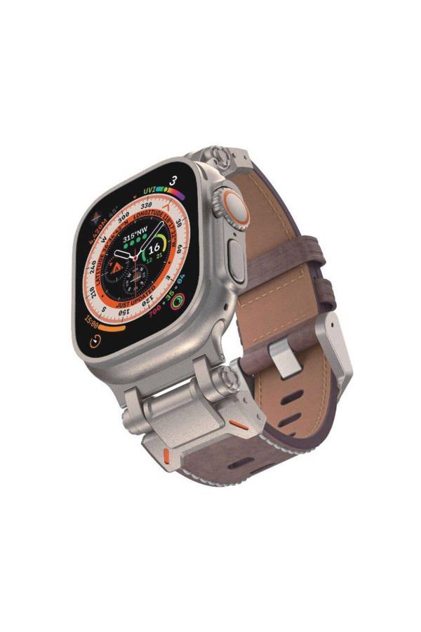 20068310 Apple Watch 4/5/6/Se (1.Nesil)/Se 45Mm İle Uyumlu Kordon Metal Başlıklı Suni Deri Kordon - Image 1