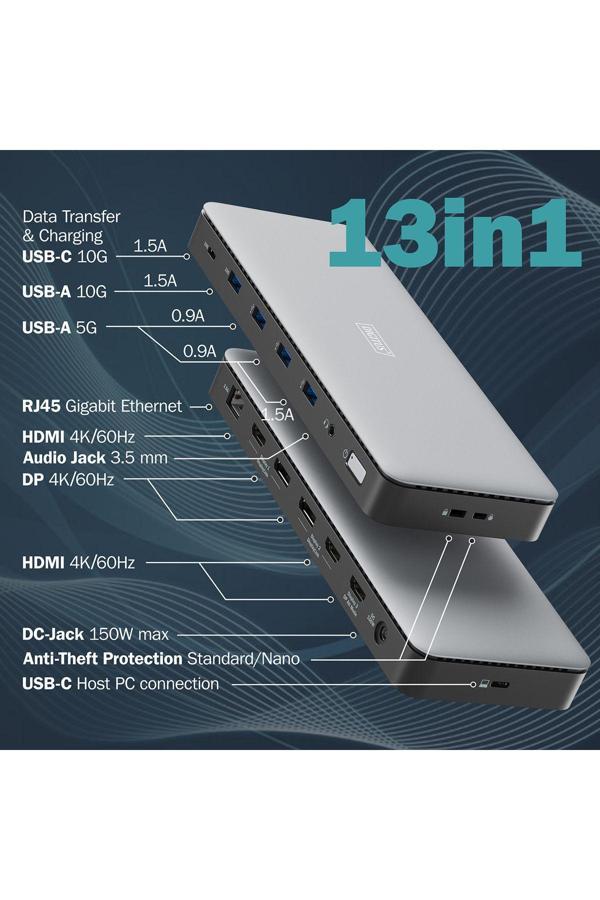 Digitus Usb-C Docking Statio 3.2 Gen 2 Bağlantı Noktası (10 Gbit/S),13 Port - Image 1