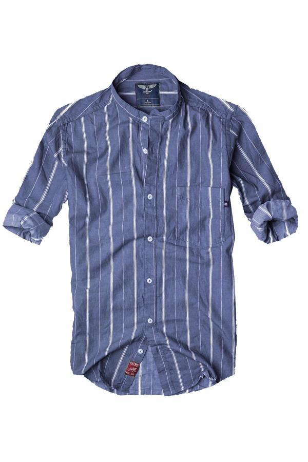 Slim Fit Saf Pamuk Kumaş Hakim Yaka Uzun Kol Gömlek-çizgili Koyu Mavi- - Image 1