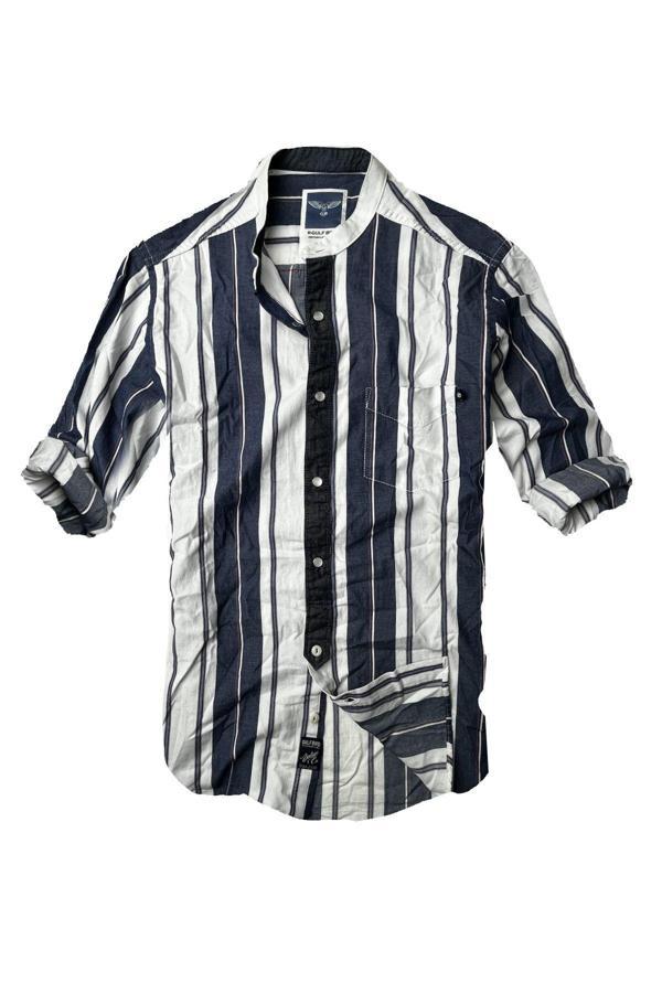 Slim Fit %100 Pamuk Kumaş Hakim Yaka Uzun Kol Gömlek-kalın Laci Çizgi-- - Image 1