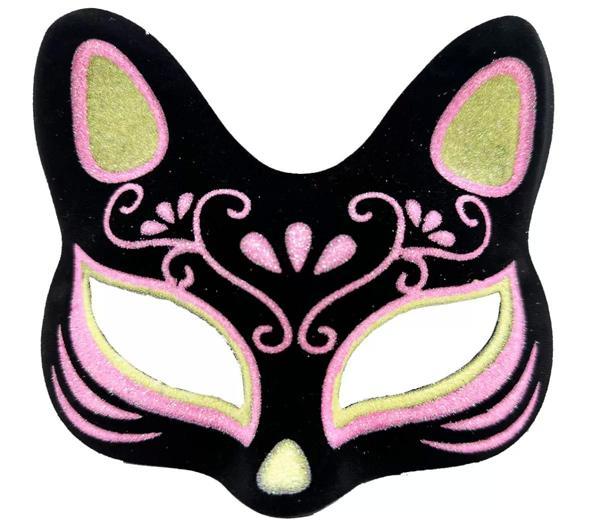 Siyah Renk Süet Kaplama Üzeri Sarı Pembe Simli Kedi Maskesi 17x14 Cm - Image 1