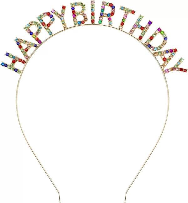 Rengarenk Kristal Taşlı Ekstra Lüks Gümüş Kaplama Happy Birthday Taç 16x17 Cm - Image 1