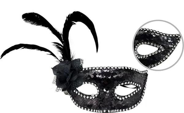 Siyah Renk Yandan Tüylü Güllü Gümüş Taşlı Pullu Maske 20x22 Cm - Image 1