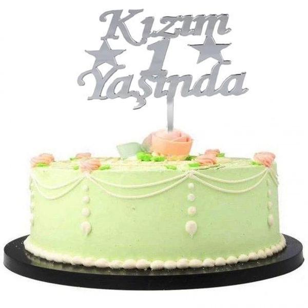 Kızım 1 Yaşında İlk Yaş Doğum Günü Partisi Pleksi Pasta Süsü Gümüş Renk - Image 1