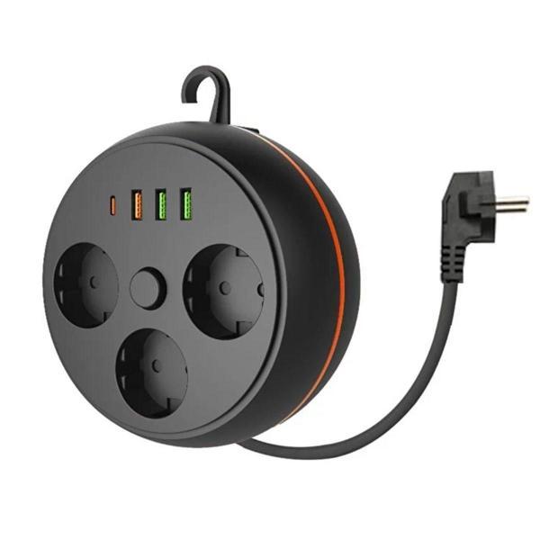 3 Adet Soket,3 Adet Usb Ve 1 Adet Type-c Girişli Termal Akım Korumalı Makaralı Priz 3395 - Image 1
