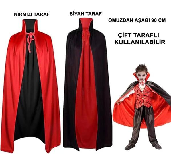 Çift Taraflı Kullanılabilir Siyah Kırmızı Yakalı Pelerin 90 Cm Çocuk - Image 1