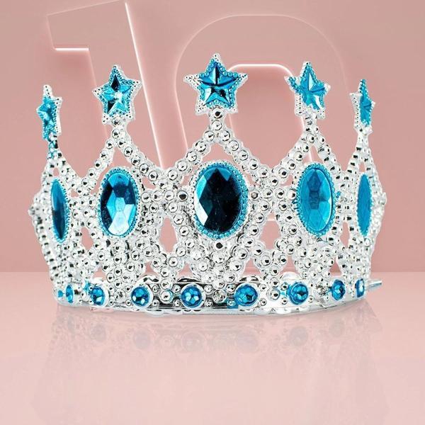 Çocuk Kraliçe Tacı - Mavi Yıldız İşlemeli Prenses Tacı 15x7 Cm - Image 1