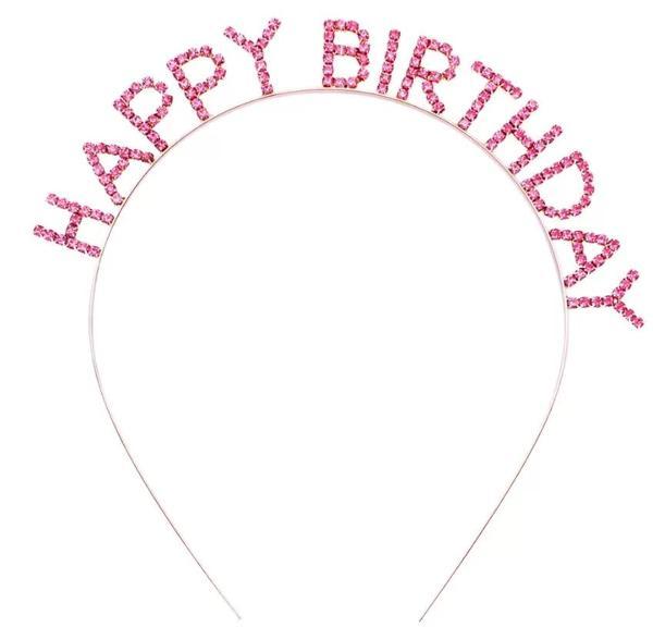 Pembe Renk Kristal Taşlı Gold Renk Kaplama Happy Birthday Taç 16x17 Cm - Image 1