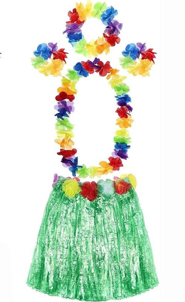 Yetişkin Ve Çocuk Uyumlu Luau Aloha Hawaii Yeşil Etek Ve Renkli Kolye Taç 2 Adet Bileklik Seti - Image 1