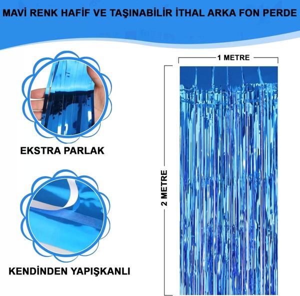 Mavi Renk Ekstra Metalize Parlak Saçaklı Arka Fon Perde İthal A Kalite 1x2 Metre - Image 1