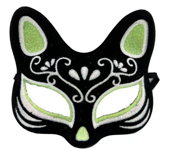 Siyah Renk Süet Kaplama Üzeri Gümüş Yeşil Simli Kedi Maskesi 17x14 Cm - Image 1