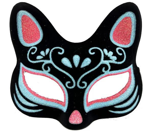 Siyah Renk Süet Kaplama Üzeri Mavi Kırmızı Simli Kedi Maskesi 17x14 Cm - Image 1