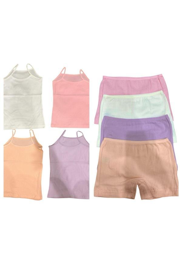 Hb Trend Pamuklu Penye Kız Çocuk Fitilli Soft Pastel Renkli  Atlet  Boxer Takım 8'Li Konforlu Set Çok Renkli 11-12 Yaş - Image 1