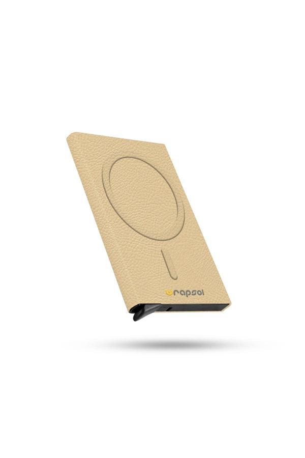 Magsafe Mekanizmalı Kartlık Rfid Korumalı Alüminyum Otomatik Kredi Kartlık Desenli Klasik Krem Deri - Image 1