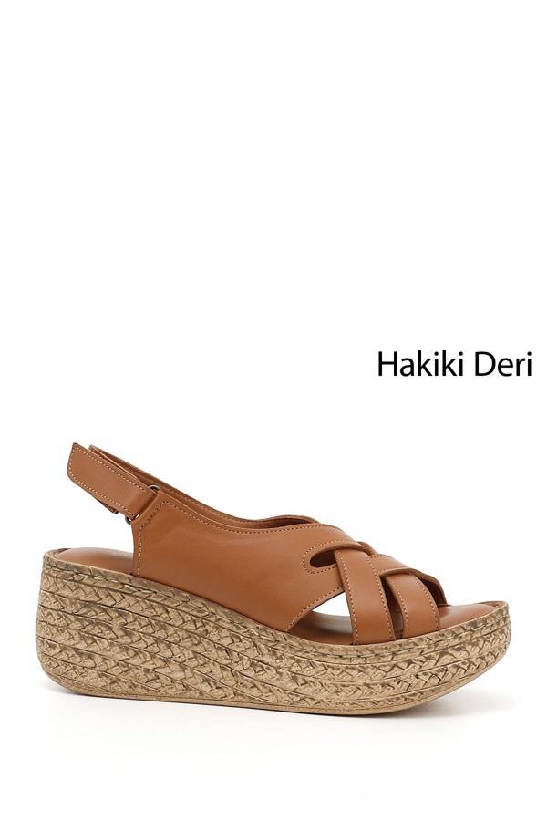 Kadın Taba Antik Cırt Bantlı Hakiki Deri Dolgu Tabanlı Sandalet - Image 1