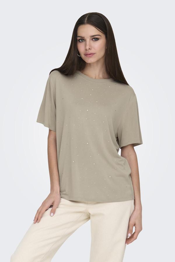 Only Onlfree Taşlı Regular Fit Bisiklet Yaka Bayan T Shirt 15343270 BEJ - Image 1